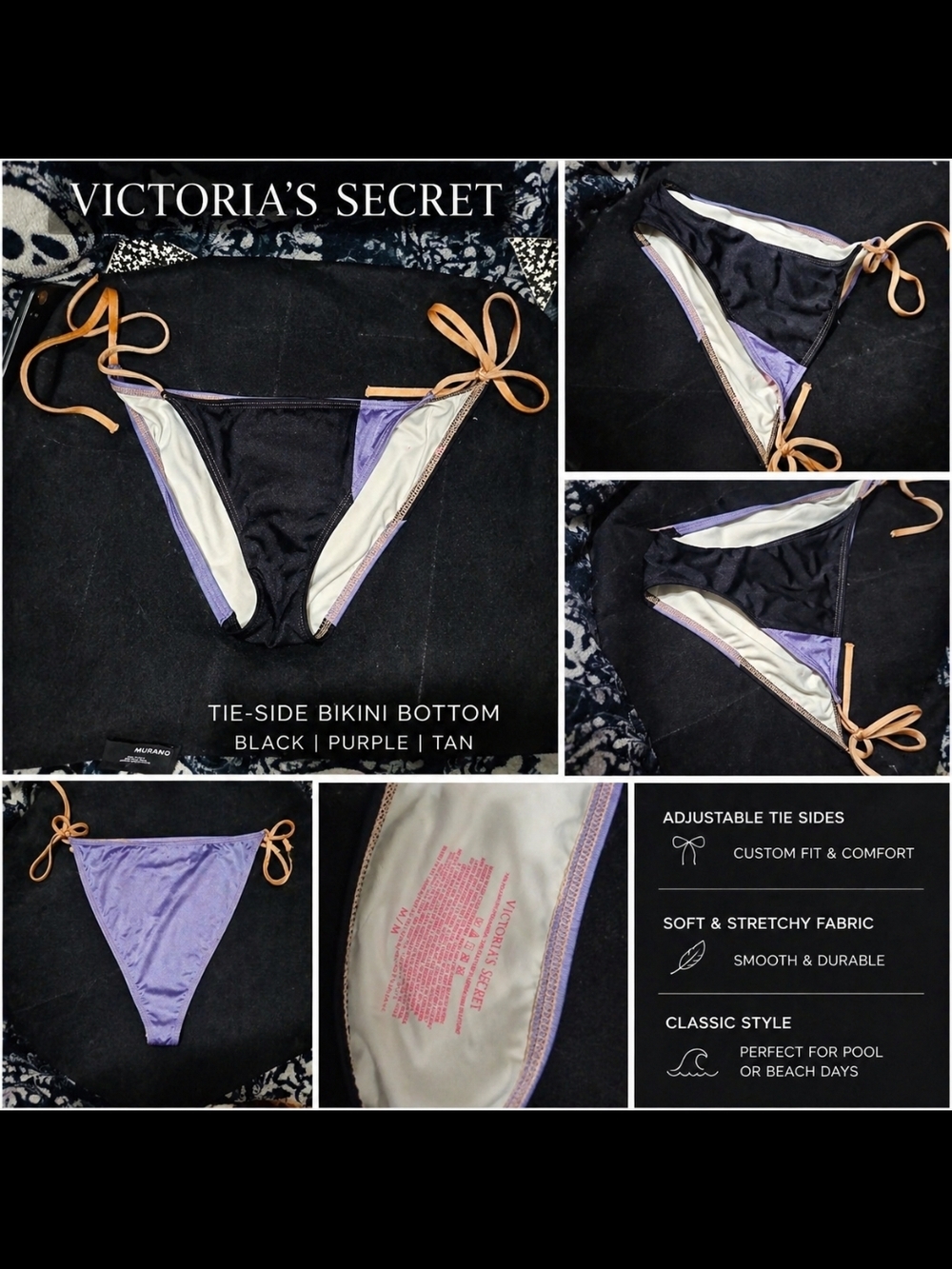 Victoria's Secret Black & Purple Tie-Side Bikini Bottom